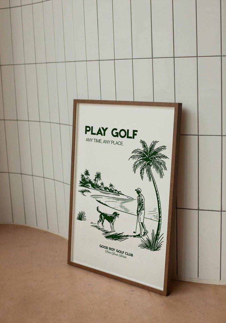 Nationcog Play Golf Poster, Golden Retriever Dog on Golf Course Wall Art, Retro Beach Scene Sketch Print, Vintage Golf Print, Great Gift Idea for Players and Coaches (Unframed) (11x14)