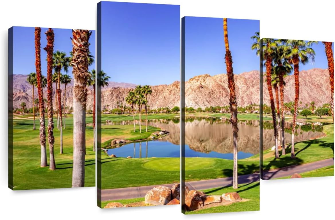 Elephant Stock La Quinta Golf Course Wall Art - Horizontal Canvas - 4-Piece Living Room Wall Decor - Photography Sports Canvas Print - Beige and Brown Decor for Wall - 30" X 18"