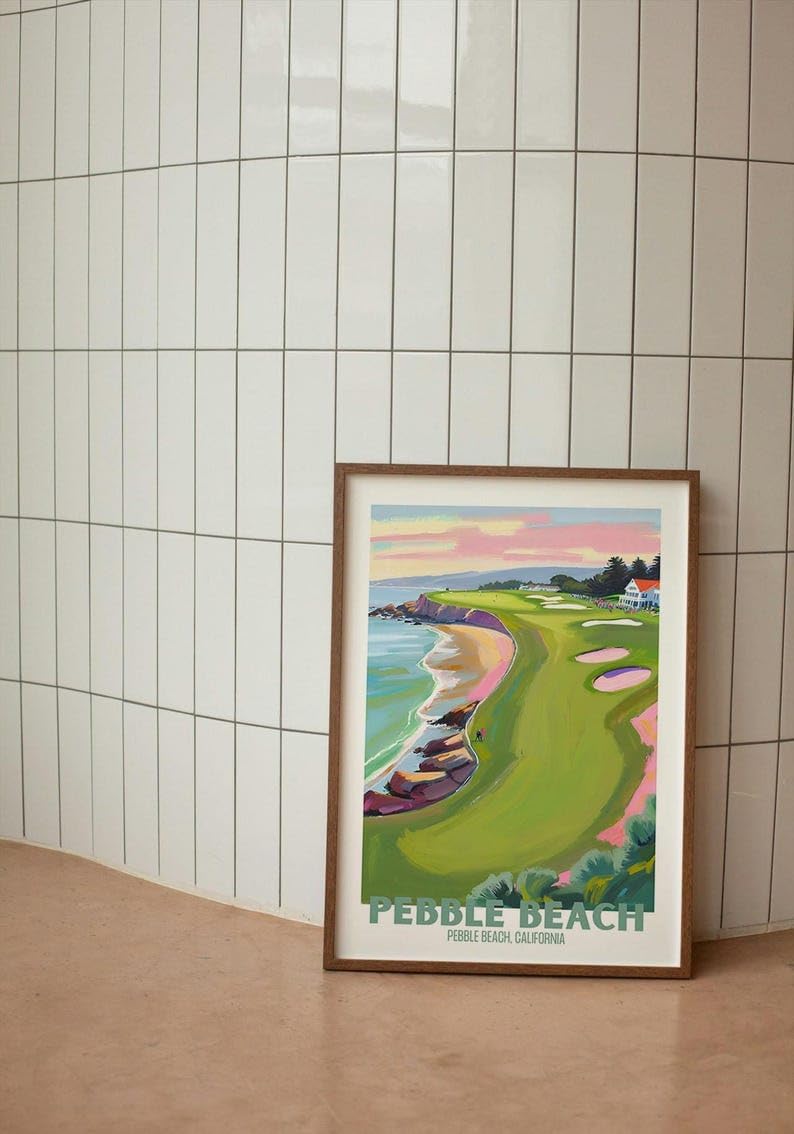 Nationcog Pebble Beach Golf Course Poster, Vintage California Travel Wall Art Print, Retro Coastal Landscape Painting, Unique Golf Course Poster for Collectors and Sports Fans (Unframed) (16x24)