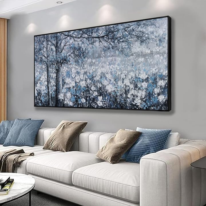 Canvas Wall Art Print Paintings Blue And White Abstract Tree Flower Landscape Home Prints Decor Framed Ready To Hang For Living Room Bedroom And Office Home Kitchen Artwork 20"×40"