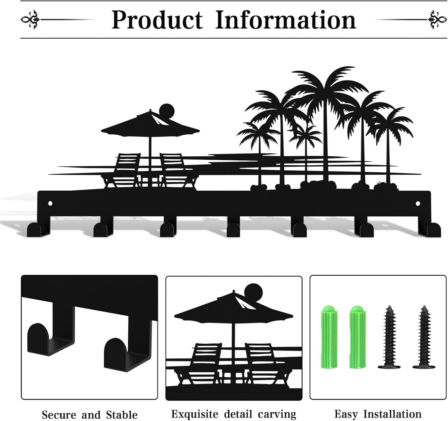 Bench Key Holder for Wall,Setting Sun and Coconut Trees Key Hooks Wall Mount Whith 7 Hooks,Tropical Style Key Hanger Wall Decor for Front Door,Hallway,Entryway,Office