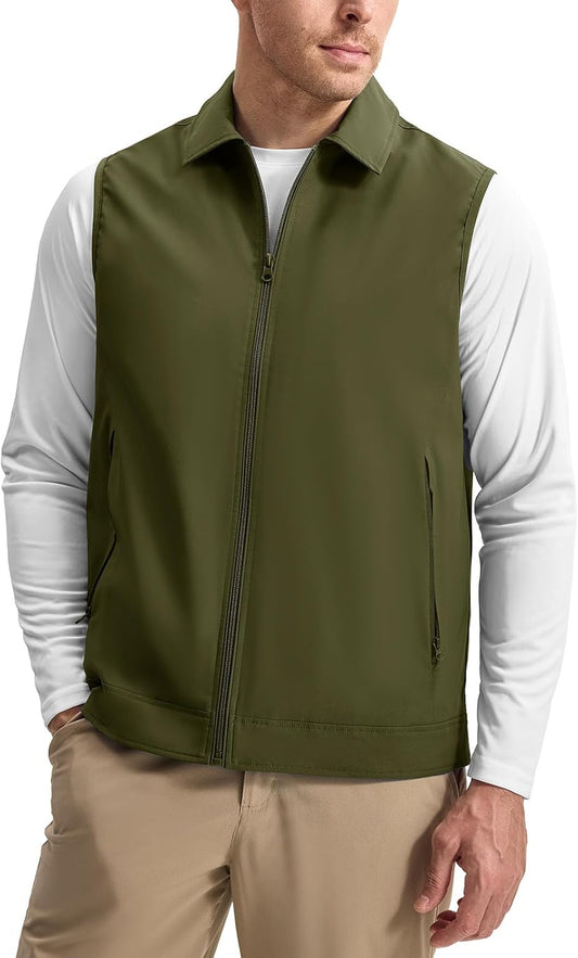Rdruko Men's Golf Vest Lightweight Outerwear Windproof Water Resistant Grid Lining Vest with Zipper Pockets for Casual