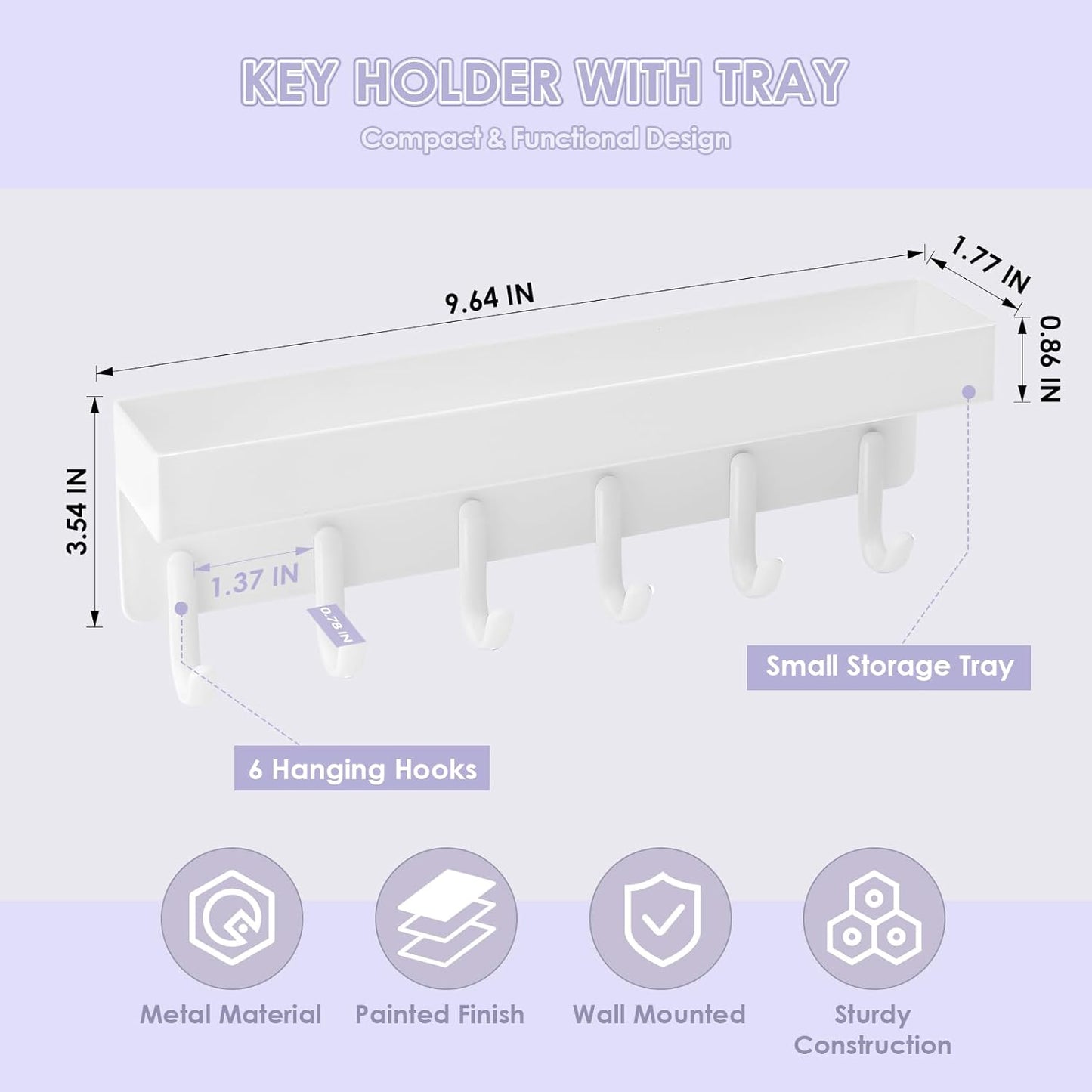 VIS'V Key Holder Wall Mount, Compact Adhesive Key Rack with Tray, 6 Hooks, 2 Mount Options, White