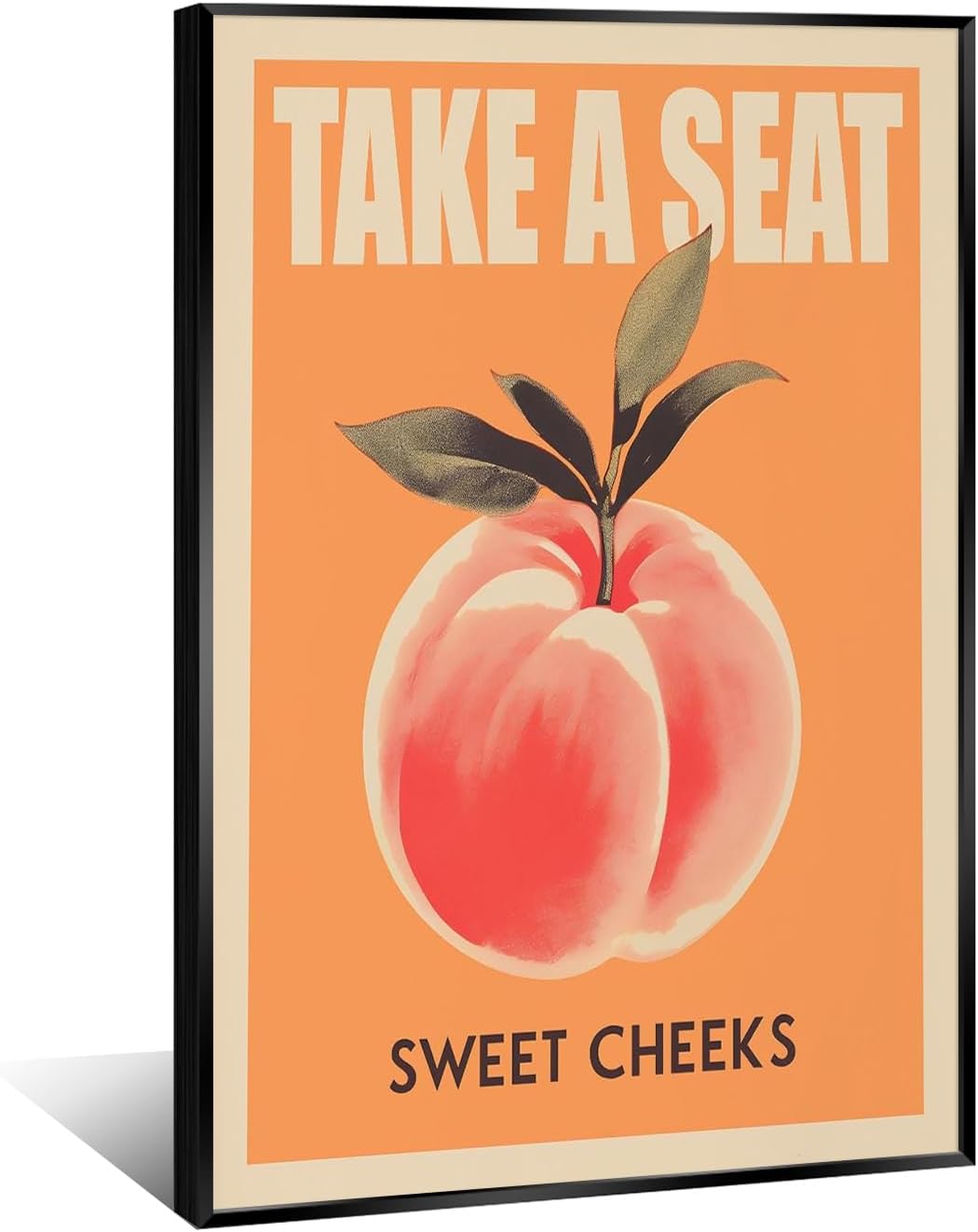 Take a Seat Sweet Cheeks Poster, Funny Bathroom Wall Art Peach Bum Art Canvas Print, Minimalist Preppy Orange Pink Wall Decor for Dorm Toilet 16x24in Framed