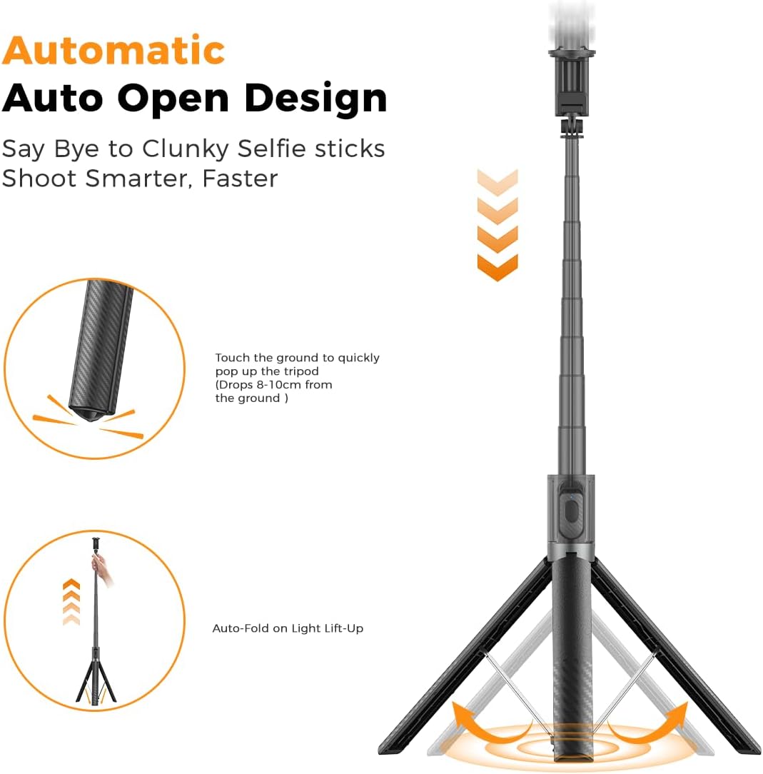 65" Automatic Phone Tripod,Auto-Open and Close Selfie Stick Tripod with Remote, Extendable Cell Phone Stand for iPhone & Android,Lightweight Selfie Stick for Creators,Vloggers,Travel,YouTube