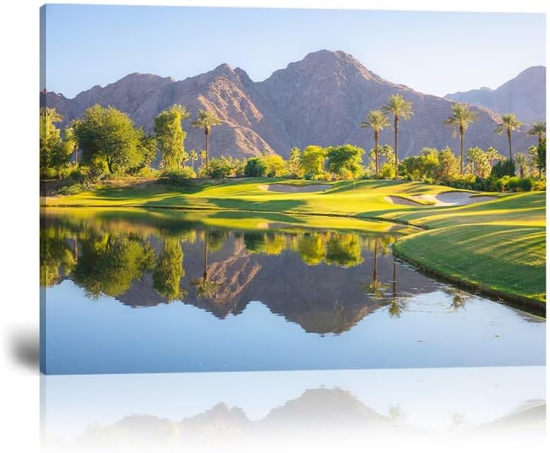 HJY Art USA Golf Course Wall Art California Golf Wall Decor Blue Green Landscape Painting Poster for Home Decor Living Room Bedroom Office Club Gym Framed Artwork Ready to Hang (18 x 24 inch)