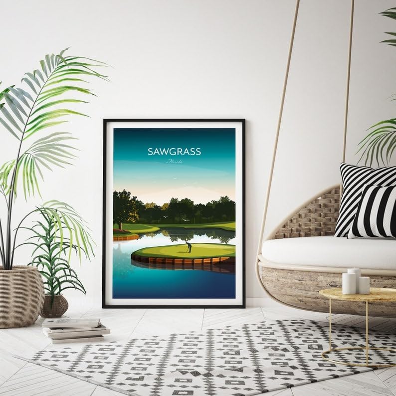 Golf Print - TPC Sawgrass Florida - Island Green 17th Hole, Florida Golf Course Art, Golf Wall Decor, Island Green Illustration, Golf Gift for Him, Scenic Golf Landscape (Unframed) (20x30)