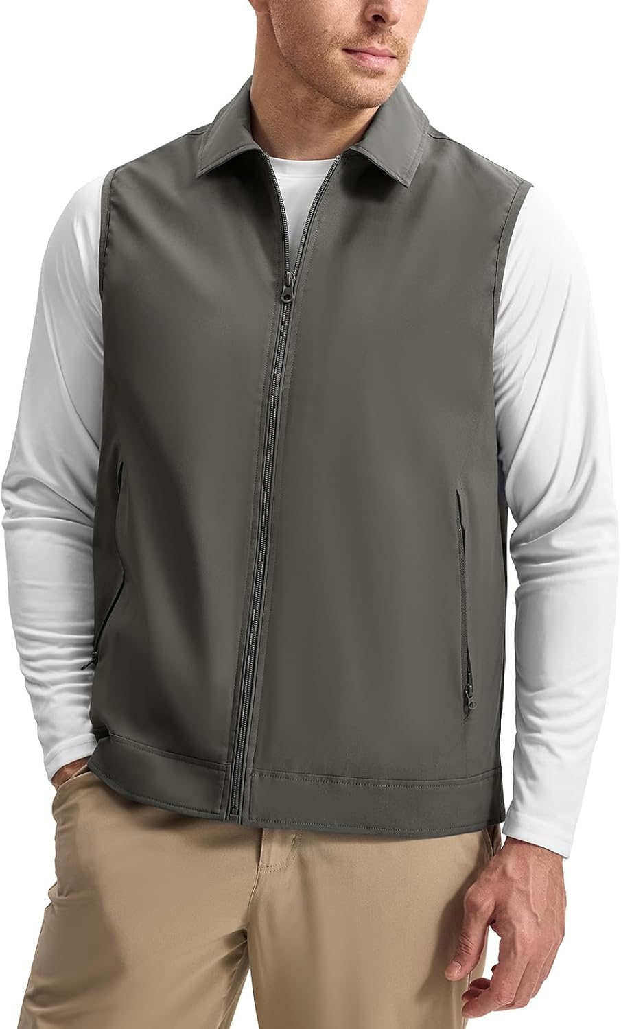 Rdruko Men's Golf Vest Lightweight Outerwear Windproof Water Resistant Grid Lining Vest with Zipper Pockets for Casual