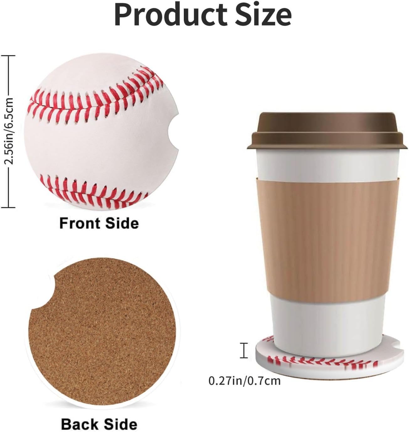 Car Cup Holder Coasters, Baseball Ball Car Coasters for Cup Holder Drinks, 2 Pack Ceramic Cute Auto Interior Accessories for Women Men