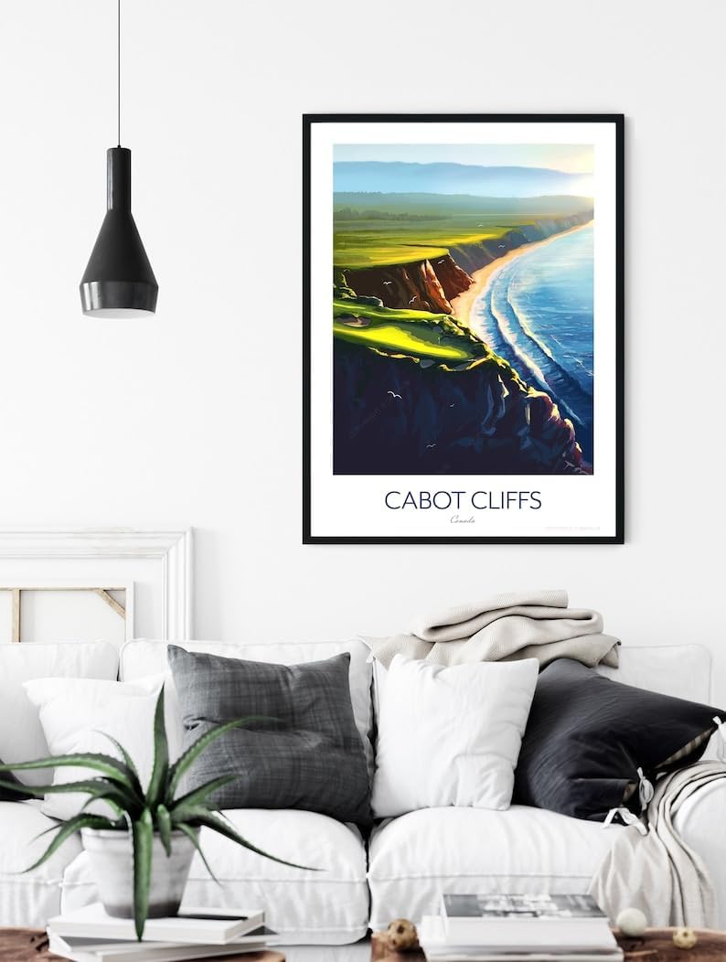 Nationcog Cabot Cliffs Golf Print; 16th Hole - Golf Poster Canada; Coastal Golf Art; Golf Landscape Illustration; Scenic Golf Painting; Luxury Golf Resort Print (Unframed) (11x14)