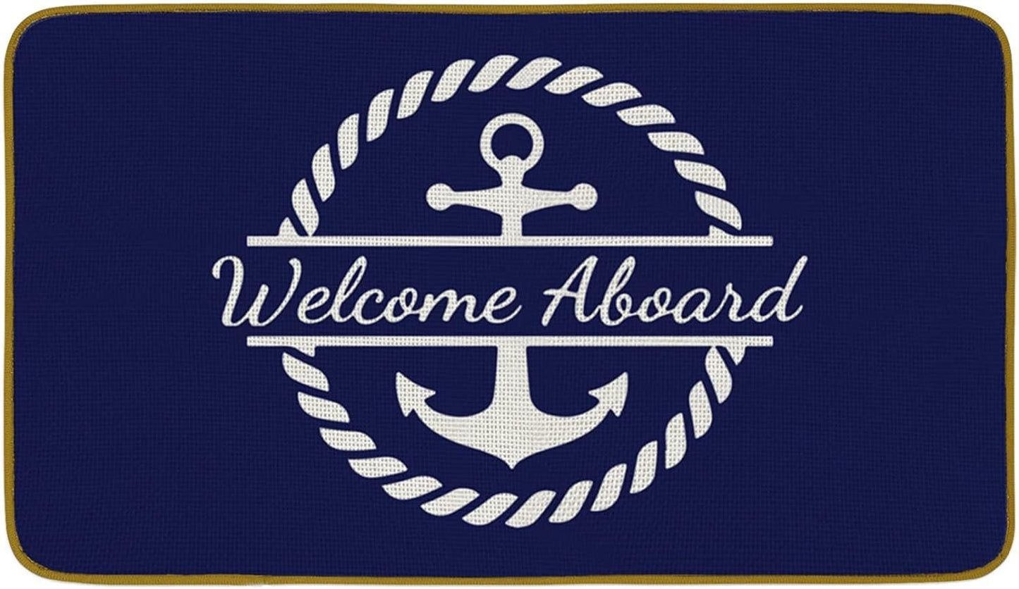 Welcome Nautical Theme Decorative Doormat, Anchor Boat Floor Mat, Rustic Welcome Aboard Anchor Sailing for Home Indoor Outdoor Front Porch Door Mat (18x30 Inch), Navy