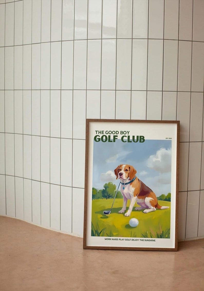 Good Boy Golf Club Poster, Beagle Dog on Golf Course Wall Art, Retro Oil Painting Style Golf Print, Funny Sports Decor, Unique Golf Course Poster for Collectors and Sports Fans (Unframed) (12x18)