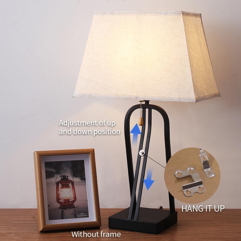 Table Lamp with Photo Frame Design, USB-C and USB-A Ports, Black, Modern Farmhouse Style
