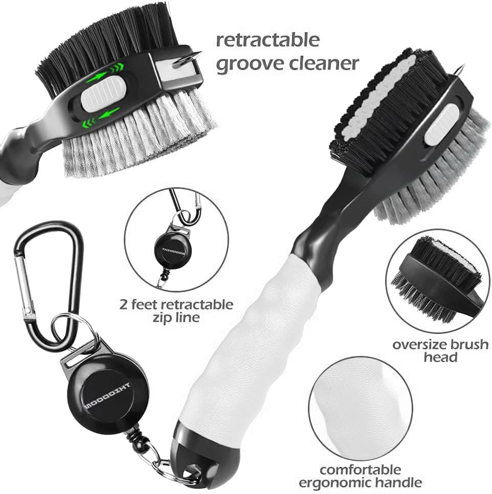 THIODOON 2 Pack Golf Club Brushes and Groove Cleaner 2 ft Retractable Zipline Carabiner Golf Brush Head with Retractable Spike Comfortable Grip Golf Club Cleaner