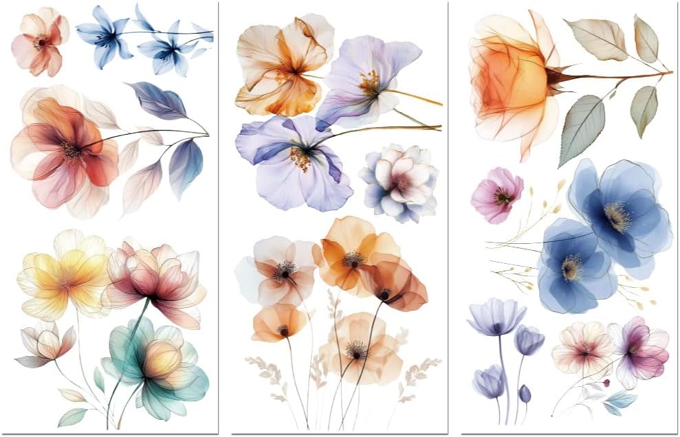 Peacoblue Rub on Transfer Decal Sticker for Furniture Craft Decor 6"x12" Colorful Watercolor Flower, 3Pcs Waterproof UV DTF Transfer for Drawer Dresser Glass Porcelain Wood Plastic Window