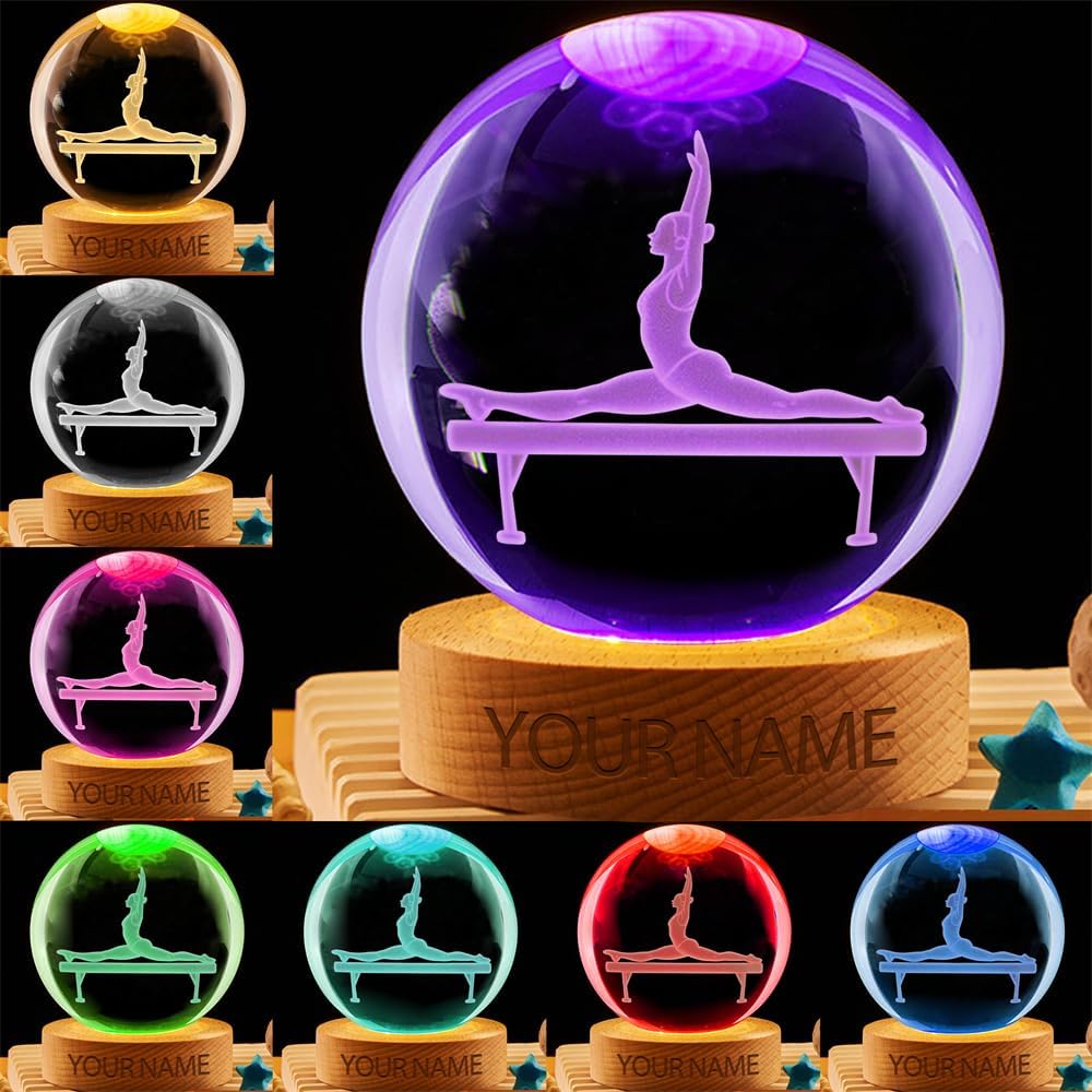 Personalized Gymnastics Crystal Night Light Gift for Women, Custom Name/Number Gymnastics Player 3D Crystal Ball Night Light Lamp for Bedroom Room Sports Decor Party Bar Christmas Birthday Gift