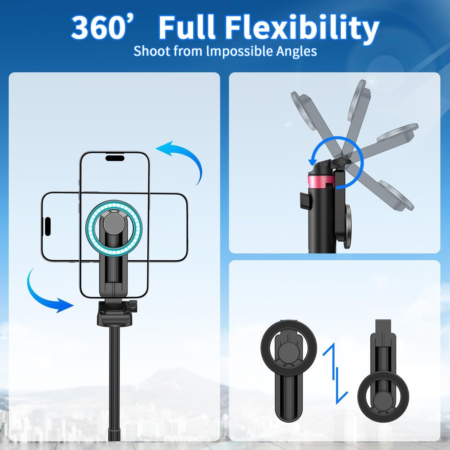 57" Phone Tripod Stand with Remote, Strong Magnetic Selfie Stick for iPhone Android, Portable Travel Tripod for Video Recording Vlog (Black)