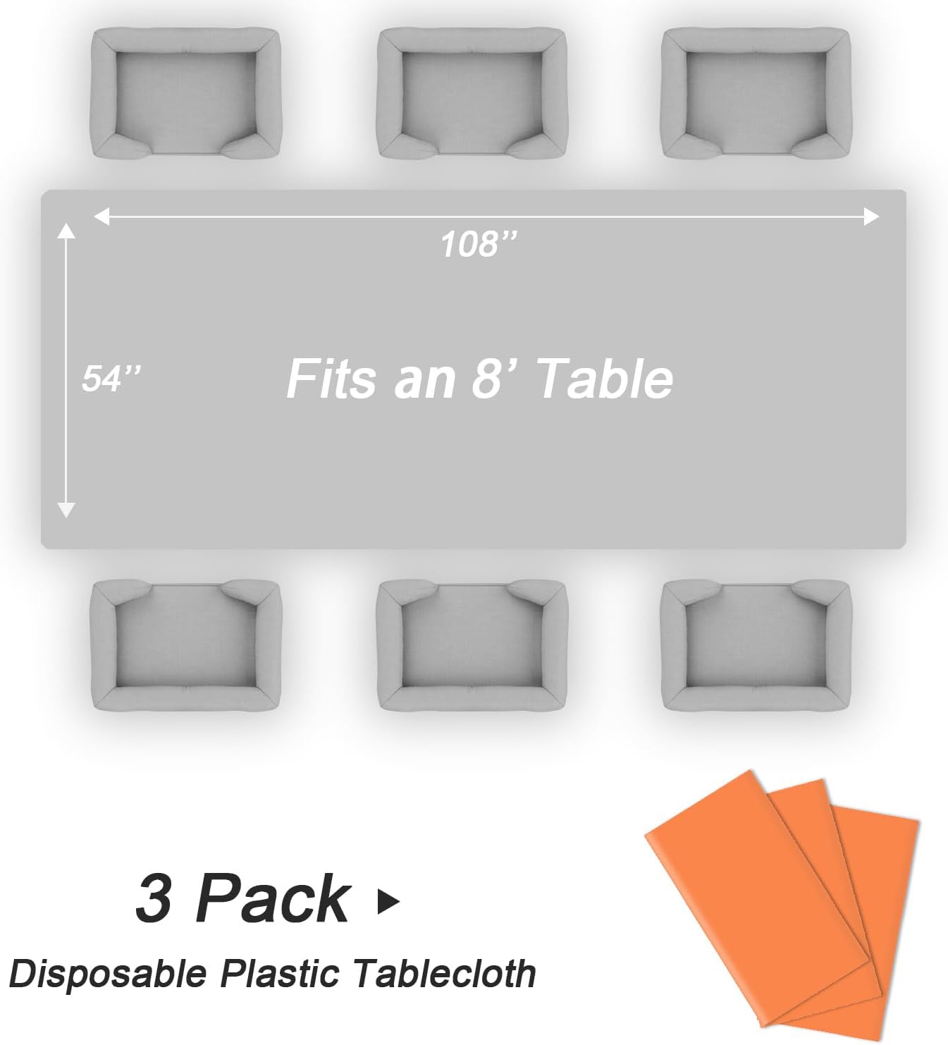 QIKSION Plastic Table Cloth Disposable 3 Pack, 54 x 108 Inch Tablecloths for Rectangle Tables, Orange Plastic Table Cover