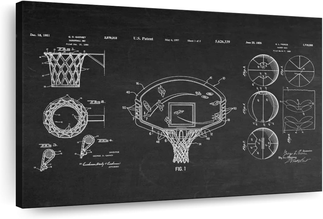 ElephantStock Basketball Patents Canvas - 1 Panel Sports Patent Wall Art Decor - Sports Decorations for Boys Room - Wall Art and Office Decor - 39" X 26"