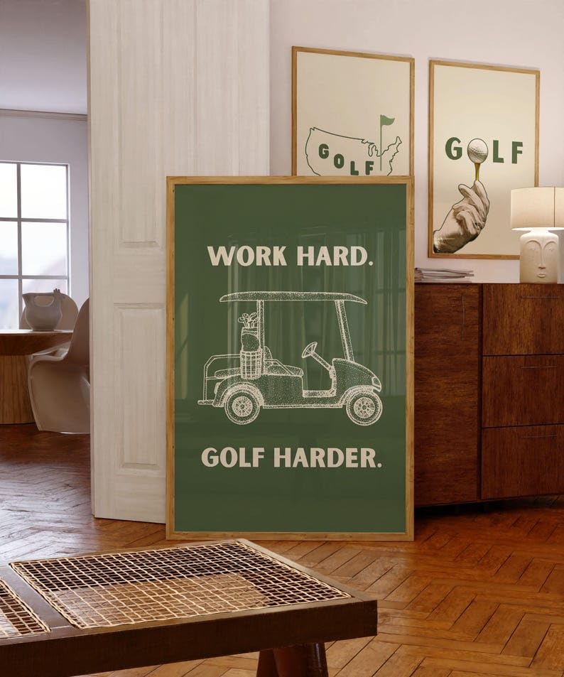 Work Hard Golf Harder Poster, Funny Retro Golf Cart Wall Art Print, Vintage Sports Decor for Man Cave or Office, Retro Golf Artwork for Dog Lovers, Husband, or Golf Friends (Unframed) (16x24)