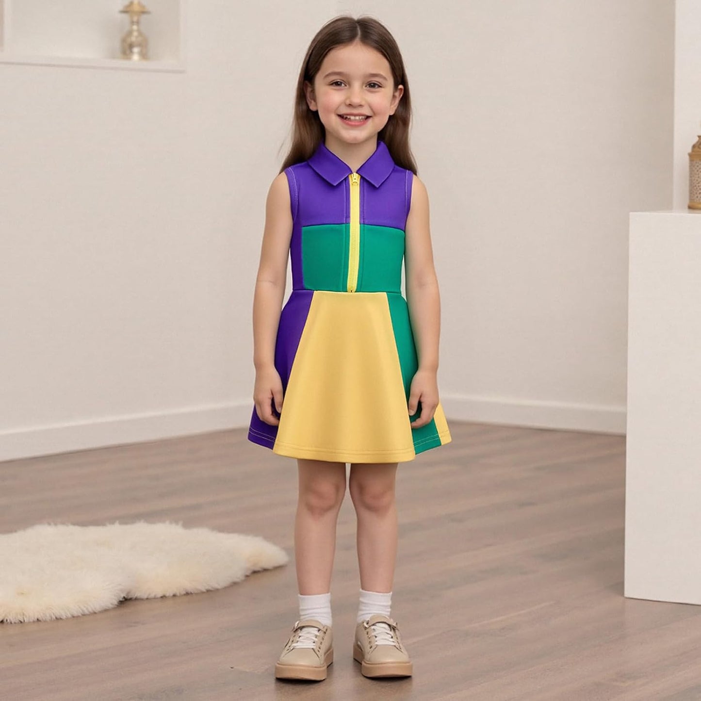 Little Girls Mardi Gras Outfit Toddler Sleeveless A Line Sun Dress Kids Zipper Party Dresses Spring Summer Clothes