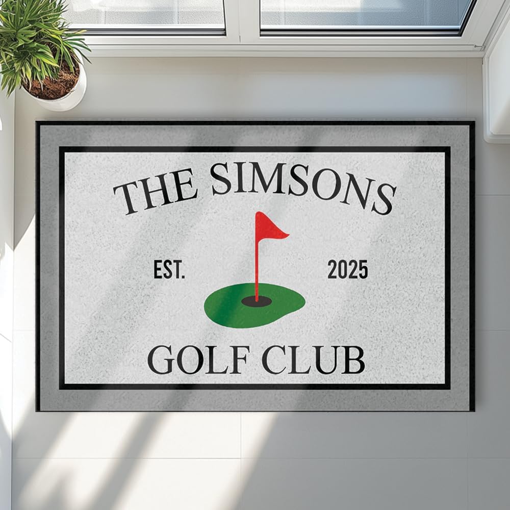 Custom Golf Club Doormat – Personalized Welcome Mat with Family Name & Est. Year – Green Putting Flag Design – Non Slip Outdoor Entry Rug for Porch, Garage, or Golf Lover Home Décor