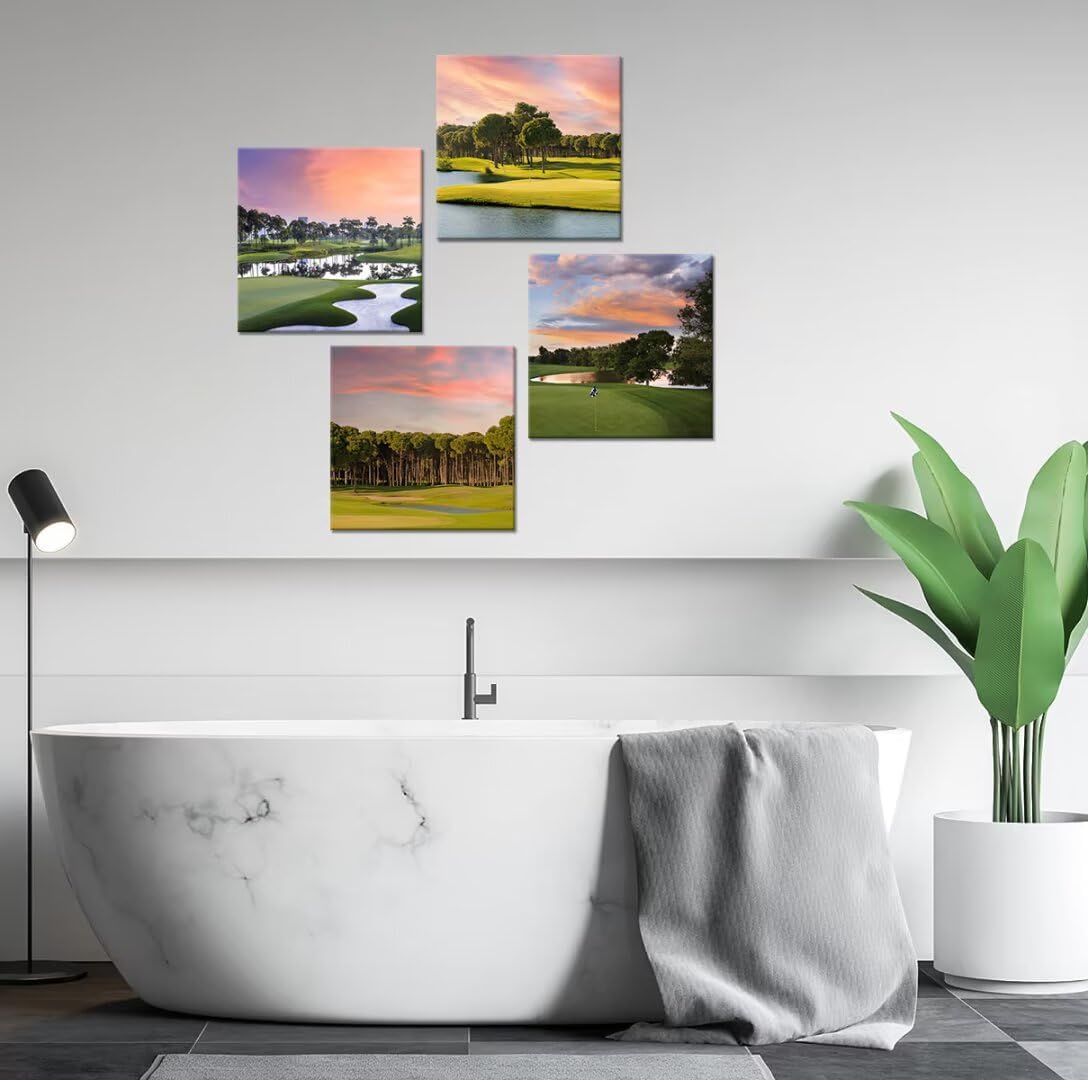 Pankila Golf Course Wall Art for Golf Gym Club Canvas Wall Decor Yellow Green Sunset Landscape Abstract Wall Painting Decor Living Room Bedroom Bathroom Frame Artwork (20''W x 20''H x 4)