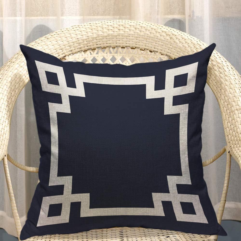 Mugod Greek Key Border Throw Pillow Meander Art Ancient Greek Fret White Navy Blue Black Cotton Linen Square Cushion Cover Standard Pillowcase 18x18 Inch for Home Decorative Bedroom/Living Room/Car