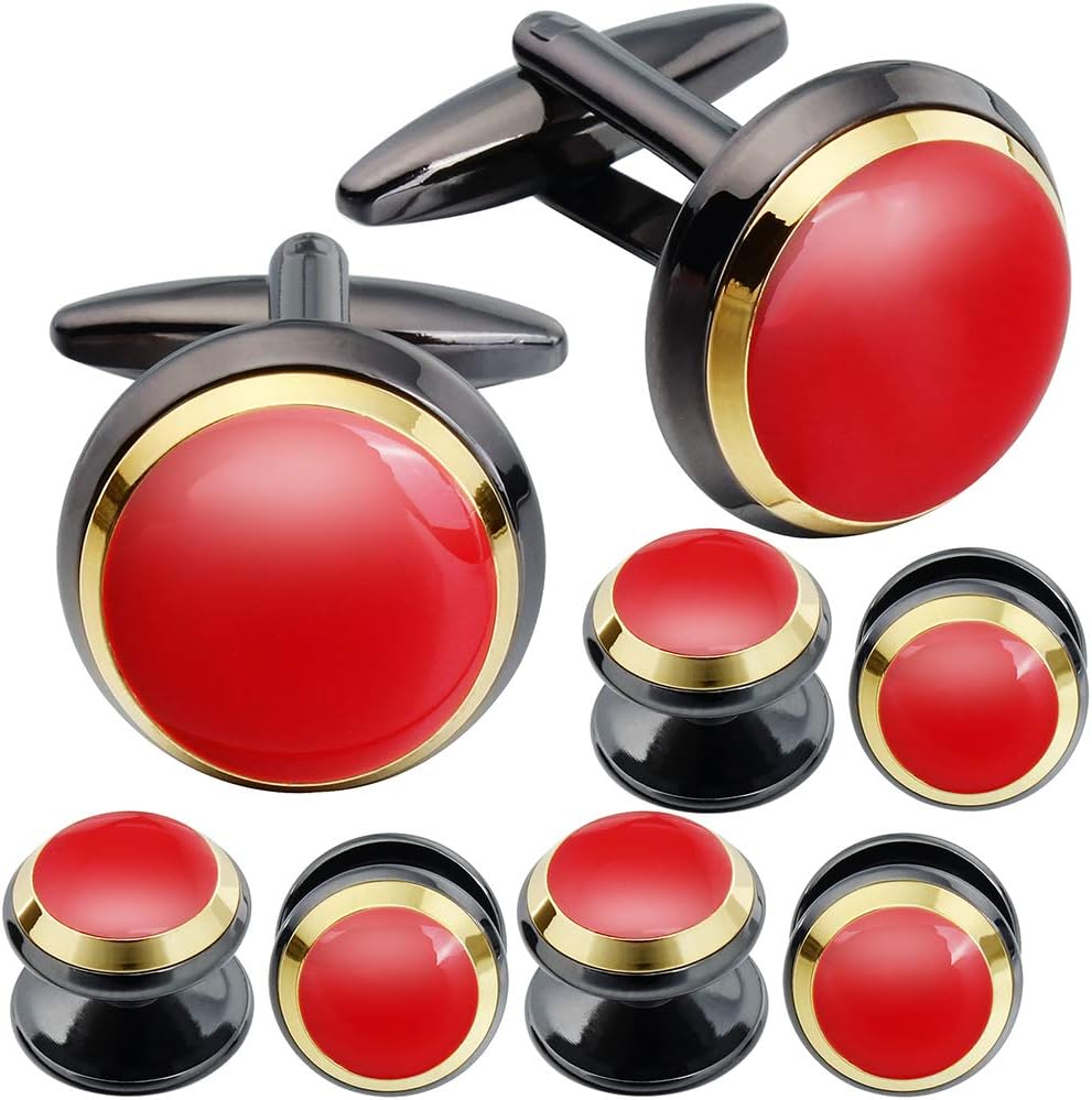 HAWSON Cufflinks and Studs for Men-Fashion Men Vintage Enamel Carbon Fiber Tuxedo Shirt Cufflinks and Studs Set for Regular Wedding Business Accessories