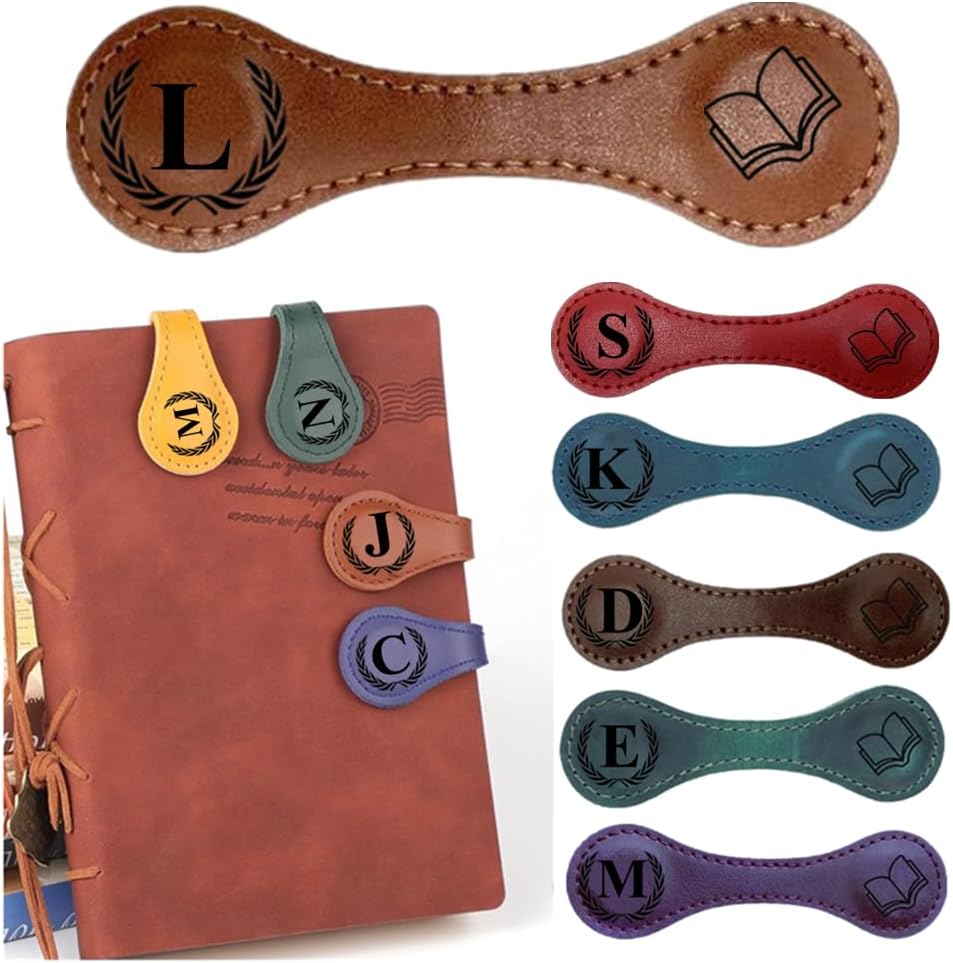 Personlized Magnetic Leather Bookmarks with Initials, Customized Book Marks Clip 26 Letters Bookmark for Reading Women, Men, Kids,Cute Book Markers Meaningful Gift for Book Lovers (Light Brown, L)