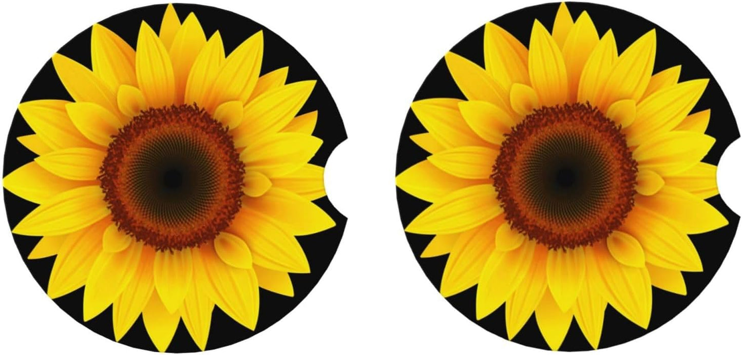 Car Cup Holder Coasters, Sunflower Sun Flower Car Coasters for Cup Holder Drinks, 2 Pack Ceramic Cute Auto Interior Accessories for Women Men