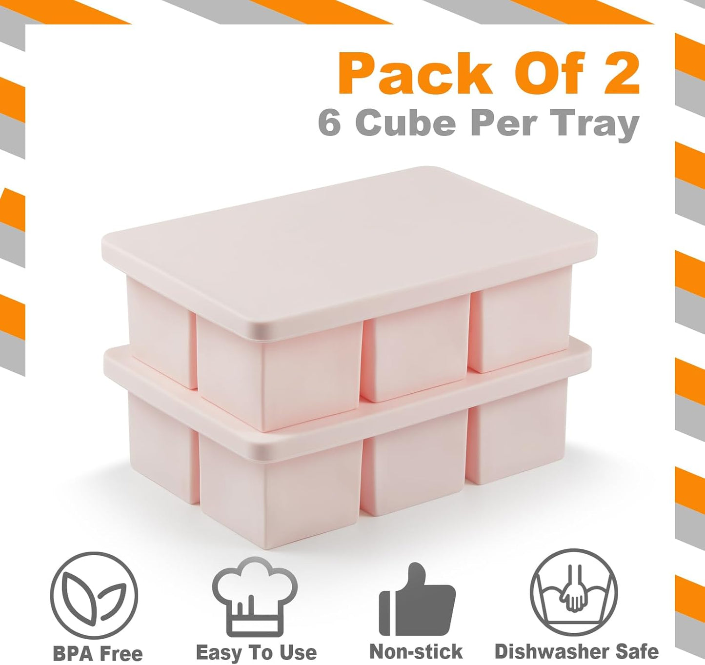 Nax Caki Pink Large Ice Cube Tray with Lid Pack of 2, Stackable Big Silicone Square Ice Cube Mold for Whiskey Cocktails Bourbon Soups Frozen Treats, BPA Free