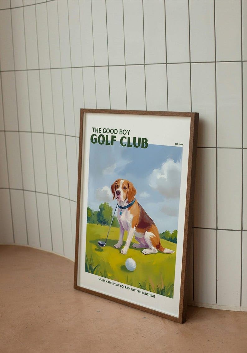 Good Boy Golf Club Poster, Beagle Dog on Golf Course Wall Art, Retro Oil Painting Style Golf Print, Funny Sports Decor, Unique Golf Course Poster for Collectors and Sports Fans (Unframed) (16x24)