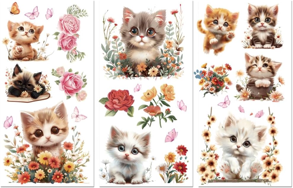 Peacoblue Rub on Transfer Decals for Furniture Crafts 6"x12", 3Pcs Cat and Flower Waterproof UV DTF Transfer Decals Sticker for Dresser Lingerie Chests Drawer Glass Porcelain Wood