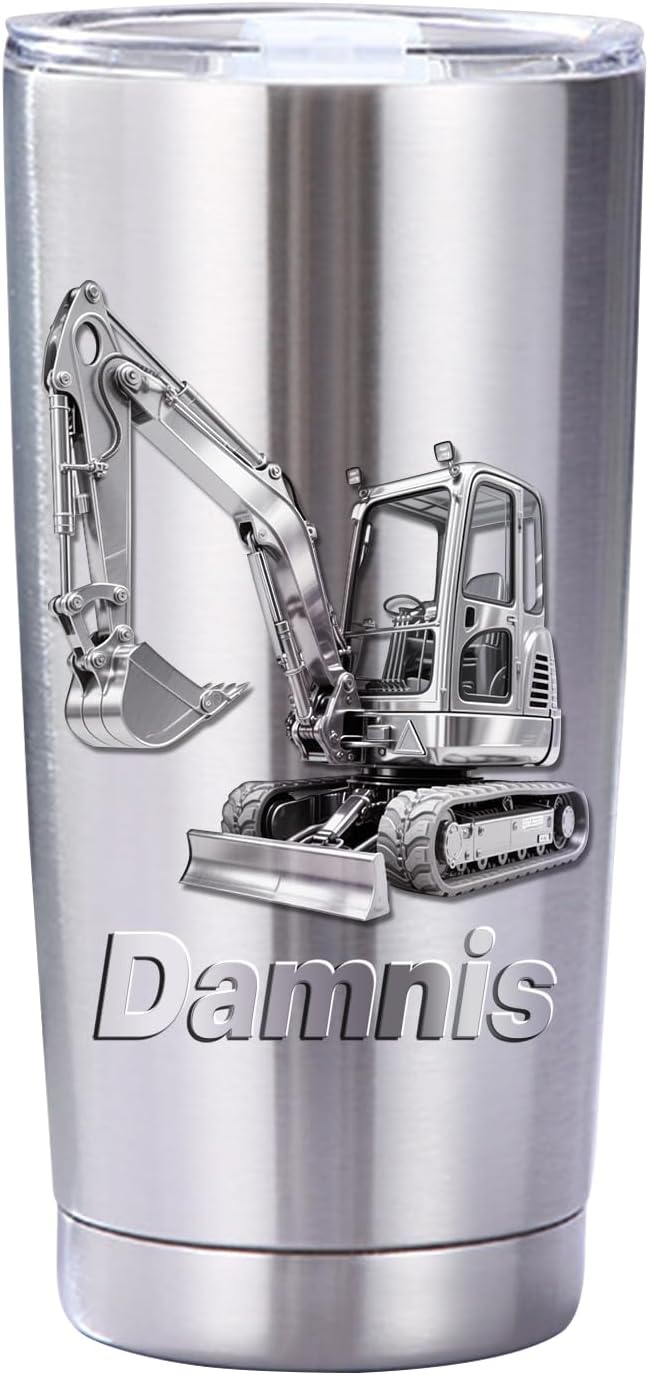 Personalized 3D Excavator Stainless Steel Silver Tumbler Mug for Kids Boys, Custom Name Excavator Tumbler Mug for Construction Lover, Kids Boy Birthsday Gift
