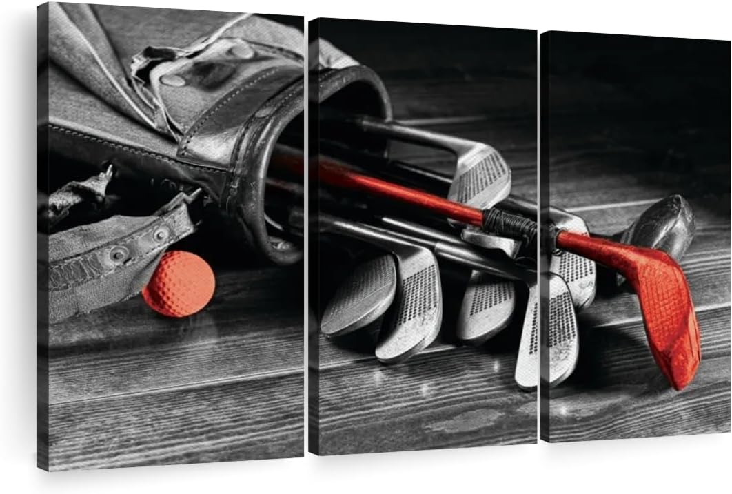 ElephantStock Golf Equipment Pop Wall Art - Horizontal Canvas - 3-Piece Living Room Wall Decor - Photography Sports Canvas Print - Black and Gray Decor for Wall - 74" X 48"