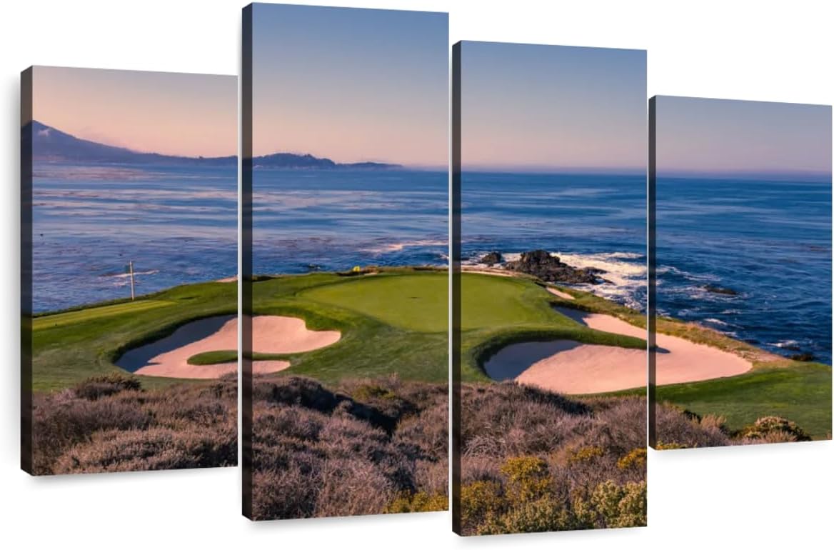 Elephant Stock Pebble Beach Golf Club Wall Art - Horizontal Canvas - 4-Piece Living Room Wall Decor - Luxury Photography Canvas Print - Beige and Blue Decor for Wall - 75" X 48"