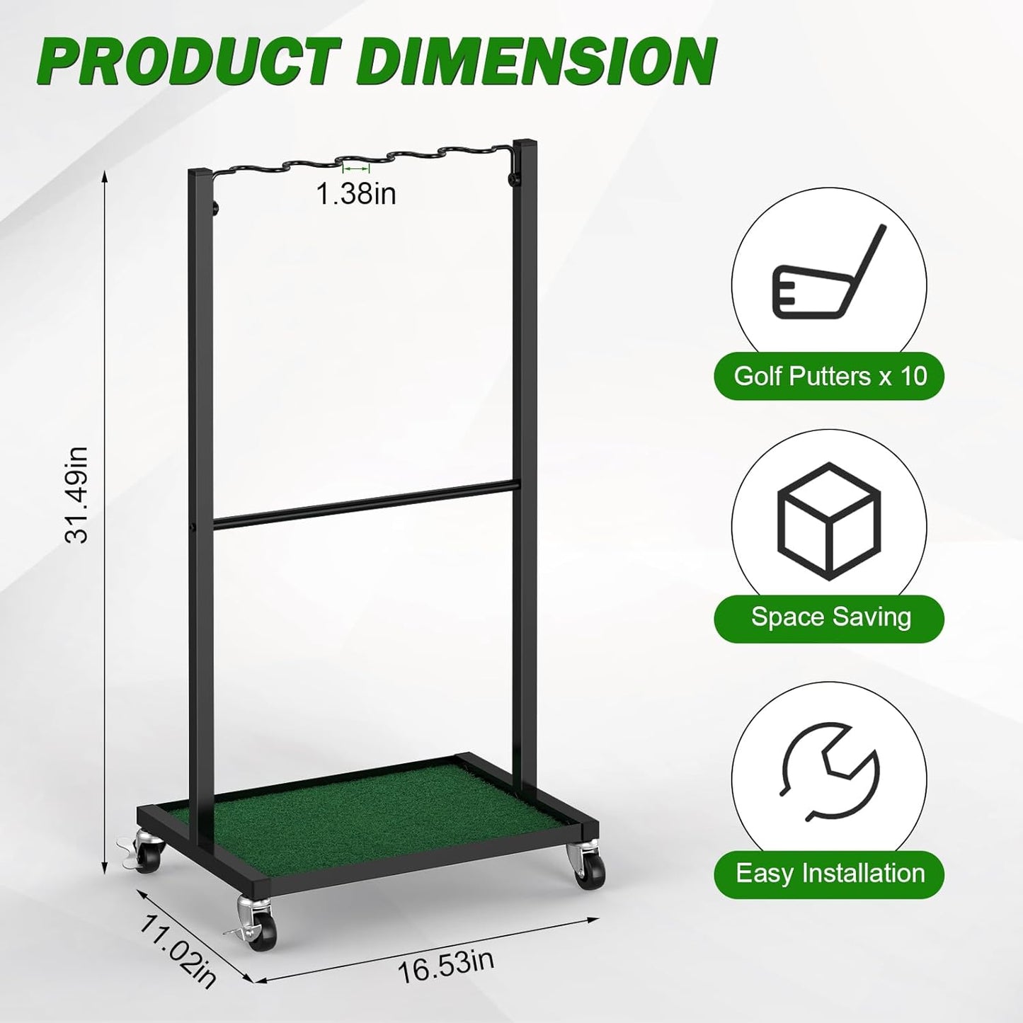 Golf Club Holder Floor Stand Golf Putter Stand with Wheels for 10 Clubs, Solid Metal Golf Club Organizer, Golf Club Storage Rack Cart for Garage Home Office, Indoor and Outdoor Use, Black