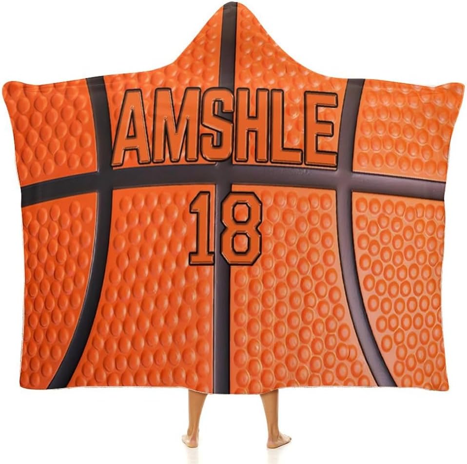 Personalized Basketball Lovers Gifts Wearable Ball Themed Hooded Blanket Customized Sport Hooded Throw-Blanket Gifts for Sofa Bedding Travel Custom Wearable Basketball Sport Blanket with Name