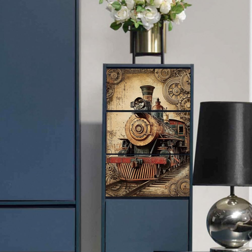 Peacoblue Rub on Transfer Decal Sticker for Furniture Craft Decor 6"x12" Vintage Steampunk Train, 3Pcs Waterproof UV DTF Transfer for Drawer Dresser Glass Porcelain Wood Plastic Window