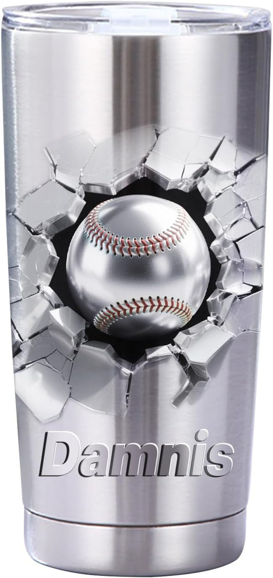 Personalized baseball Ball With 3D Cracked Wall Stainless Steel Silver Tumbler Mug, Custom Name Sport baseball Lovers Player Tumbler Mug,Customized Father's Day Birthday Sport Gift For Dad Men