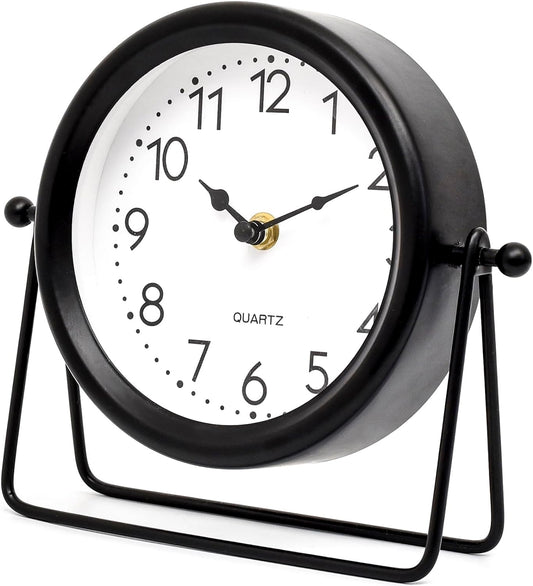 Vintage Black Table Clock on Stand, Decorative Desk and Shelf Clock Decorative Battery Operated Table Top Decor for Living Room，Silent Non-Ticking