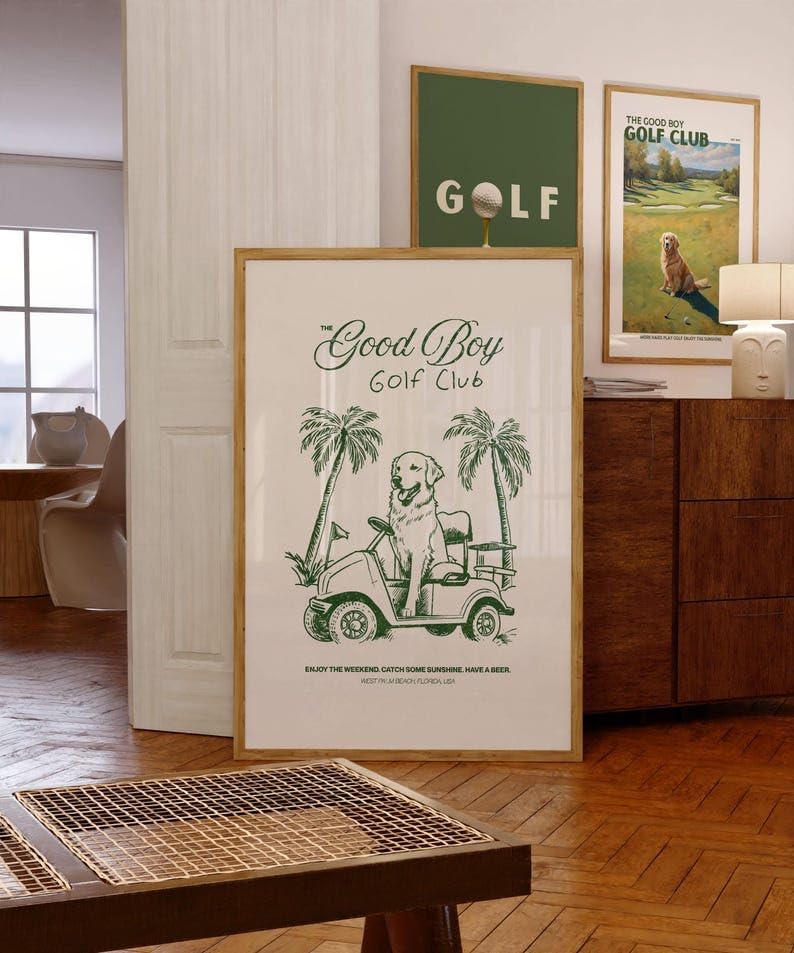 Good Boy Golf Club Poster, Golden Retriever Dog Driving Golf Cart Print, Funny Retro Golf Wall Art, Stylish Golf Wall Decor for Home, Office, or Man Cave (Unframed) (11x14)