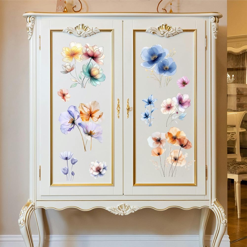 Peacoblue Rub on Transfer Decal Sticker for Furniture Craft Decor 6"x12" Colorful Watercolor Flower, 3Pcs Waterproof UV DTF Transfer for Drawer Dresser Glass Porcelain Wood Plastic Window