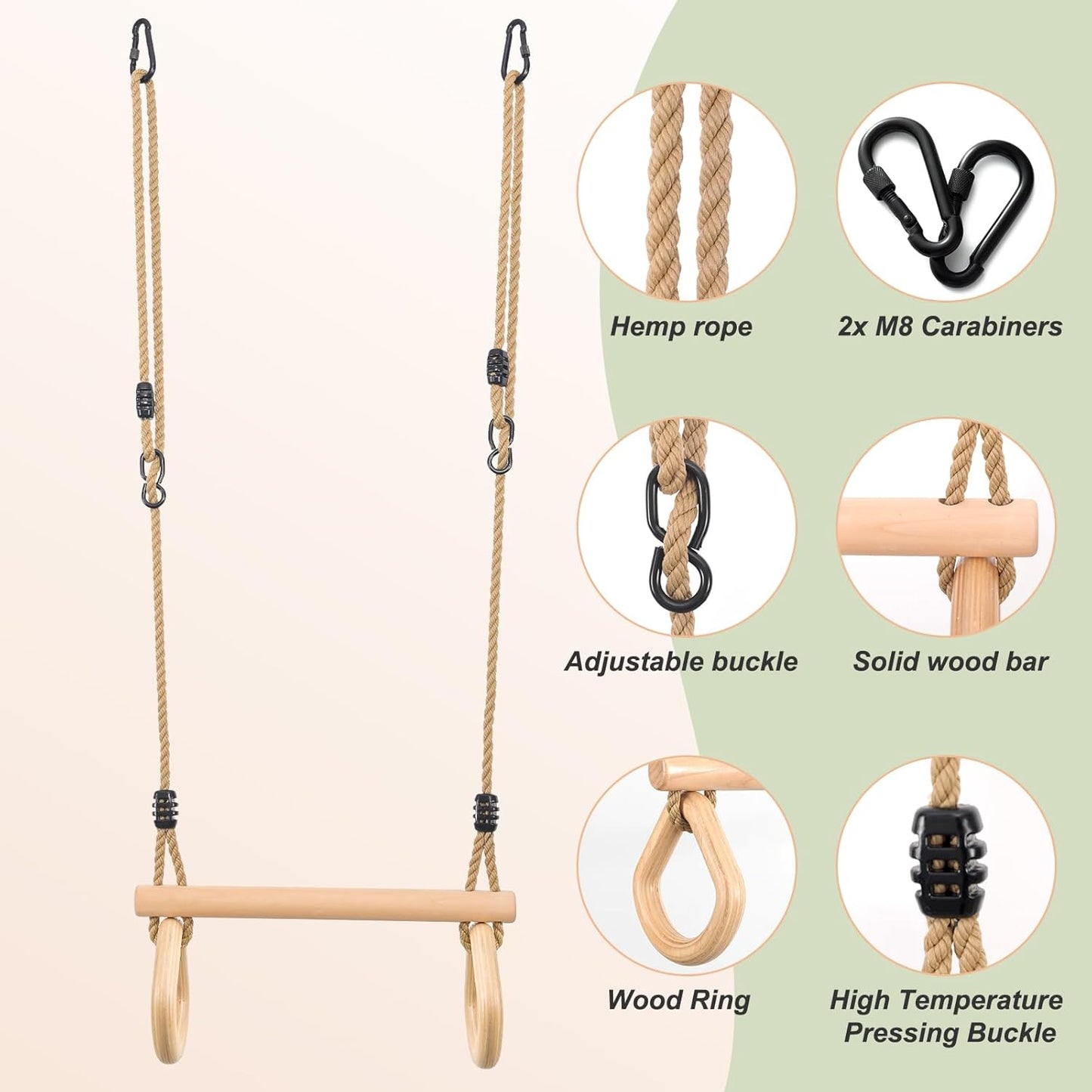 YAERSI Children's Trapeze Swing Bar with Wooden Gym Rings,Trapeze Bar for Swing Set （Water Drop）
