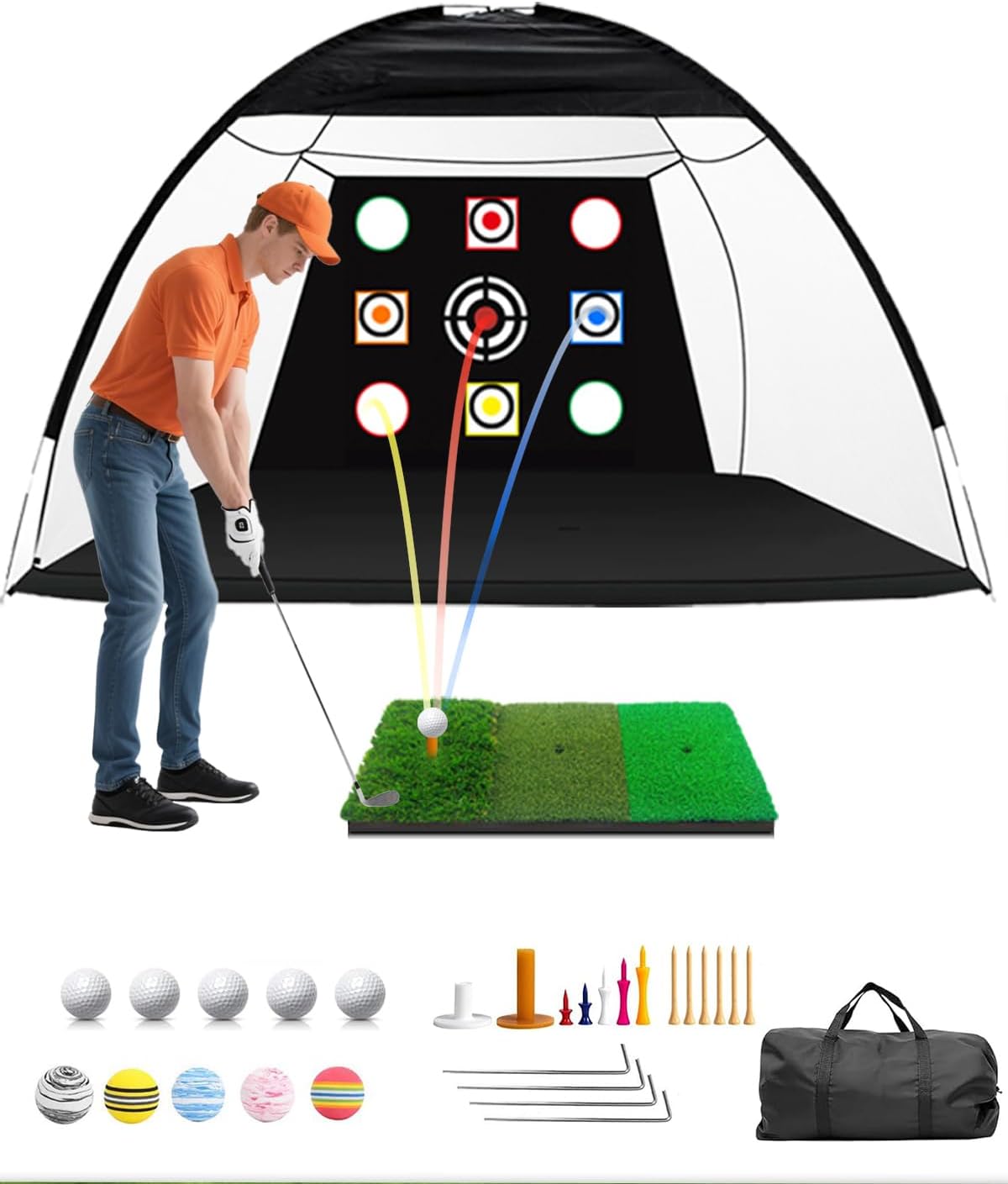 Golf Practice Net and Mat, 10x7FT Golf Net with Tri-Turf Mat & 10 Balls, Hitting Aid Nets for Backyard Driving Chipping Training Swing with Target Mat Balls for Outdoor Indoor, Gifts for Men/Dad/Him