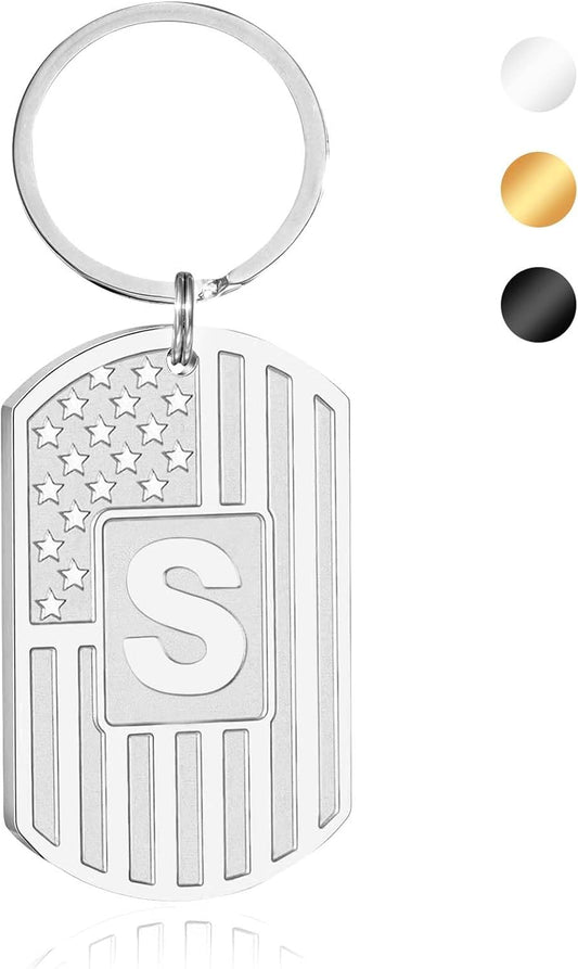 Initial Keychain Gifts for Men,A-Z Letter American Flag Dog Tag Stainless Steel Keychain,Mens Accessories Gift