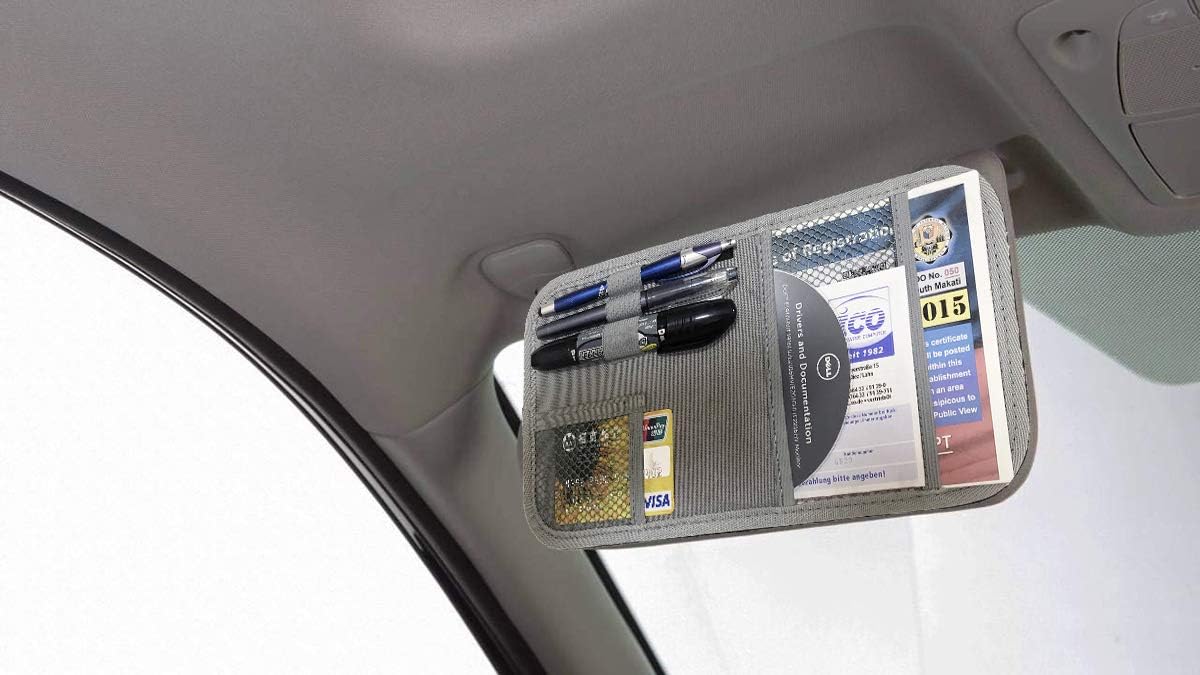 ZugGear Car Sun Visor Organizer, Auto Visor Holder Interior Accessories Pocket Organizer - Car Registration Holder Document Storage Pouch Pen holder - Grey