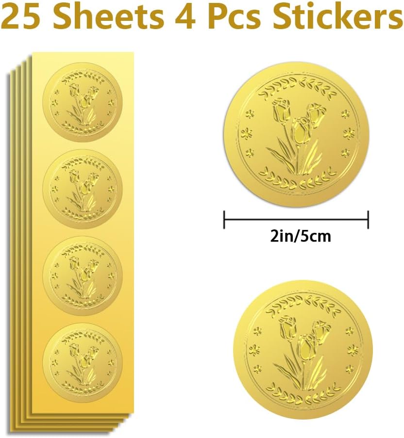Peacoblue Gold Foil Stickers Seals Embossed 2 Inch 100Pcs Tulips, Self Adhesive Gold Around Embossing Sticker for Certificate Paper Envelope Seal Gift Card Present Decoration