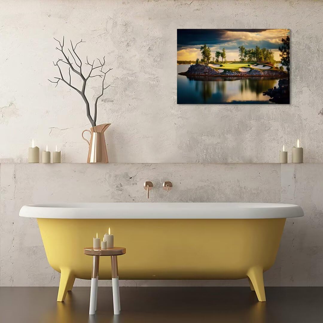 chenchenArt Sunset Landscape Golf Course Wall Art Picture Golf Course Wall Decor for Living Room Bedroom Bathroom Home Decorations Canvas Prints Framed Ready to Hang(18''H x 24''W)